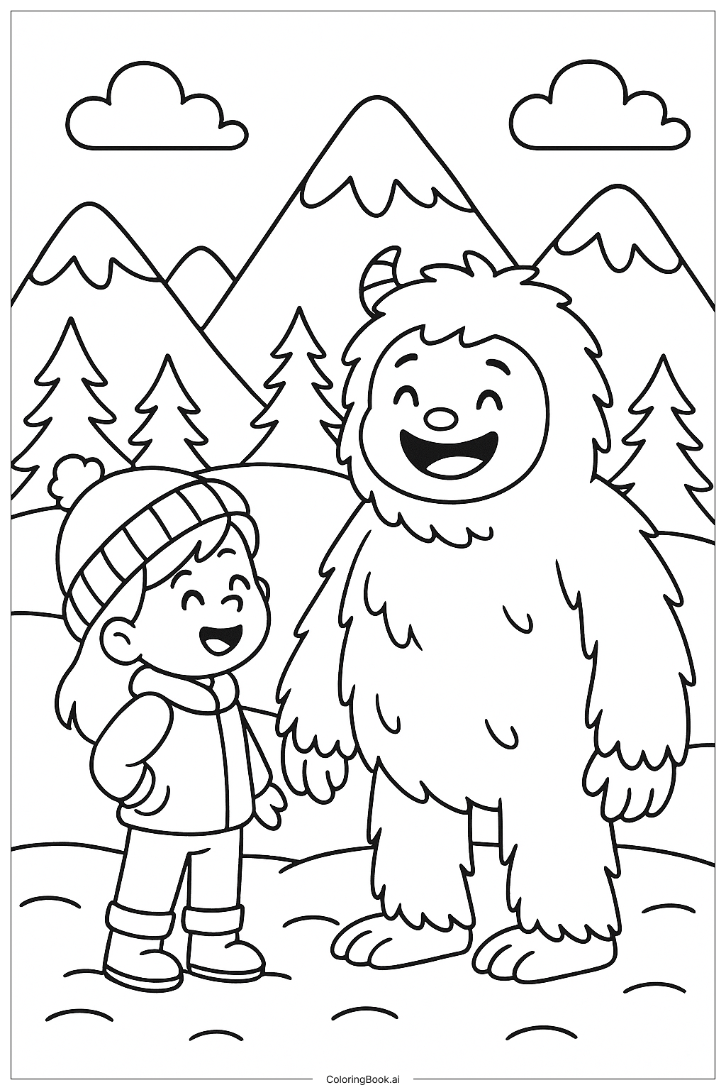  Page de coloriage Une fille rencontre un yéti amical 
