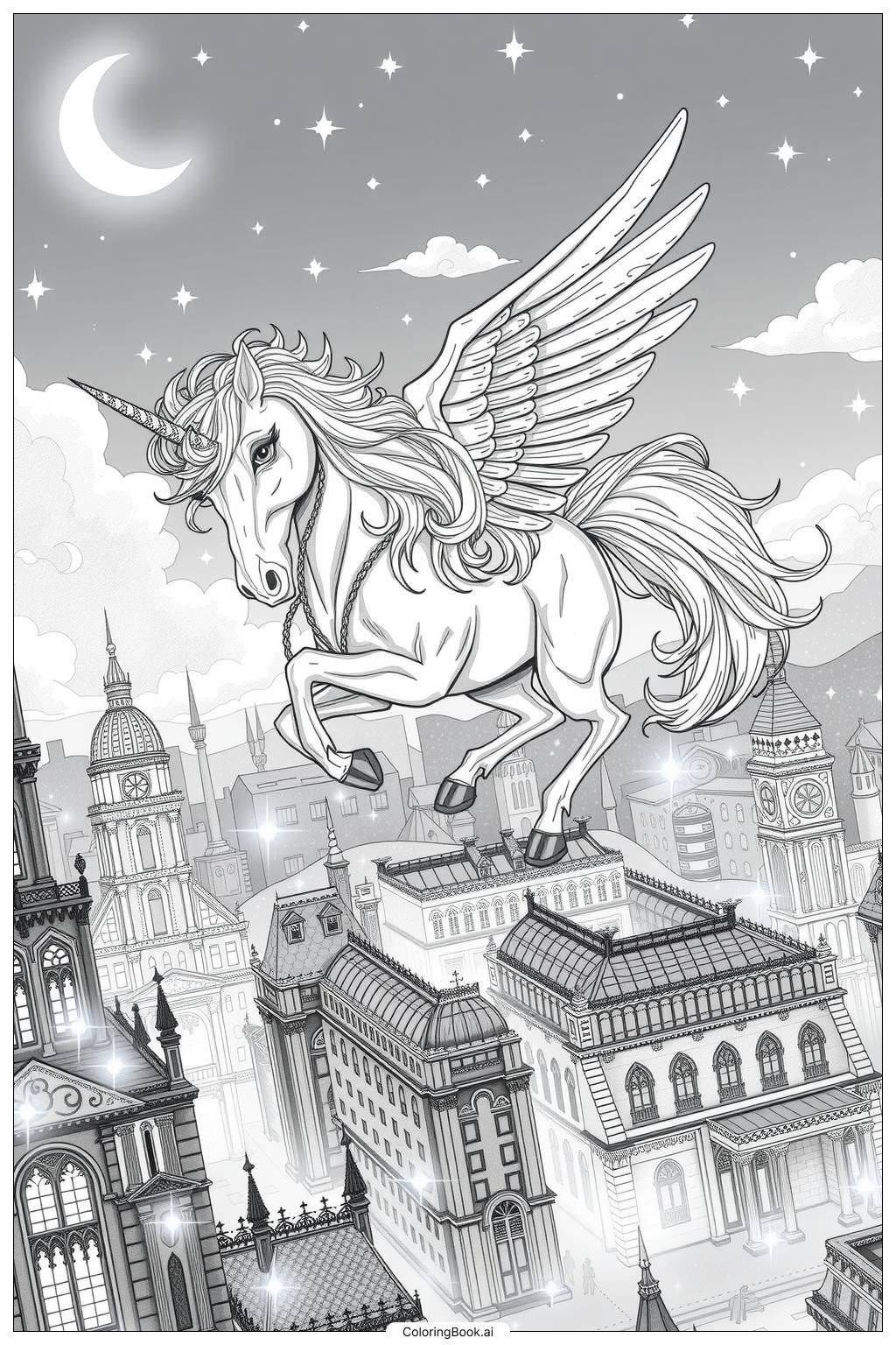  Page de coloriage unicorn volé au-dessus d'une ville scintillante la nuit 