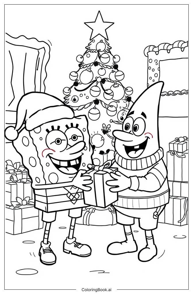  Página para colorir de Natal Spongebob trocando presentes 