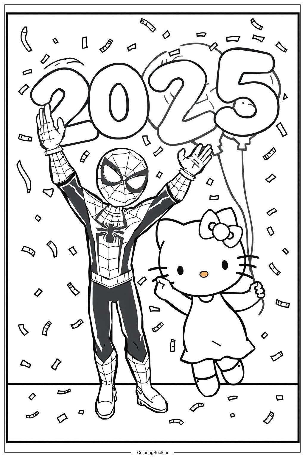  Página para colorir de Homem-Aranha celebrando 2025 com Hello Kitty 