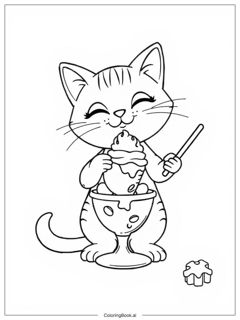  Page de coloriage Joli chat faisant une coupe glacée 