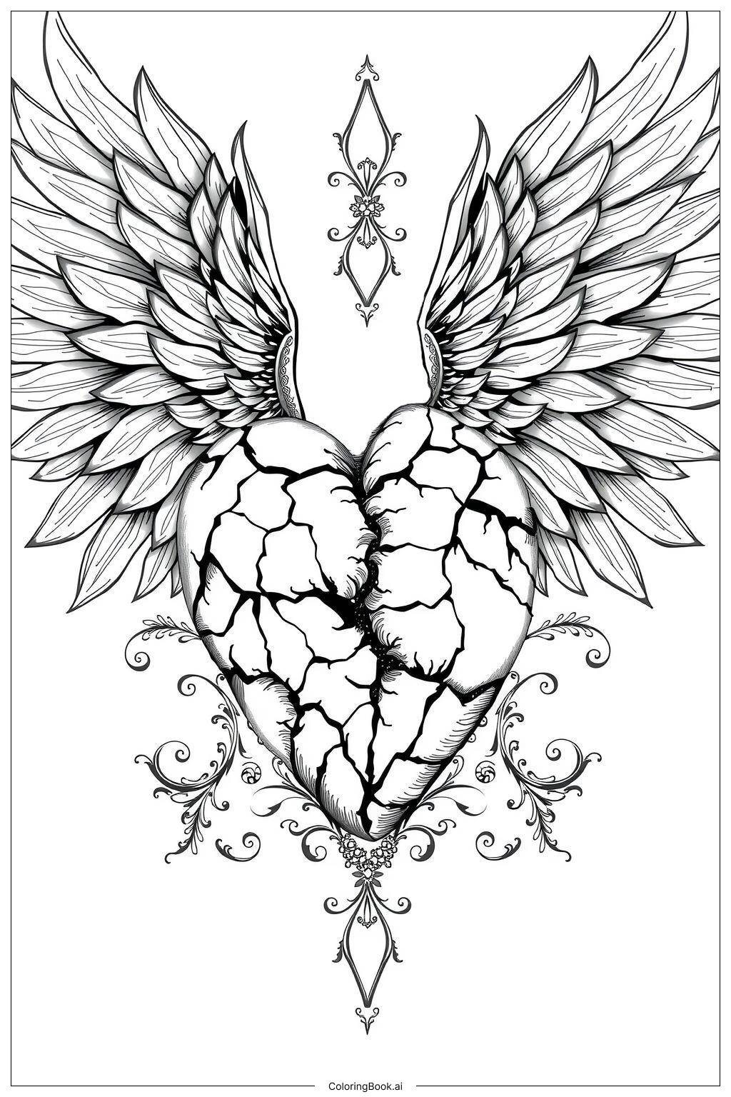  Detailed Broken Heart With Wings Coloring Page 