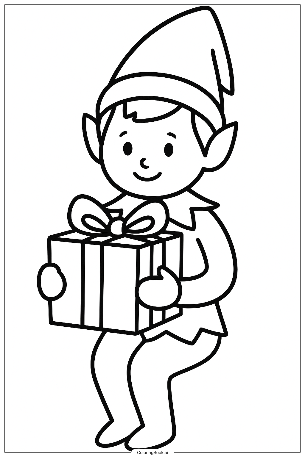  Página para colorir de Duende na Prateleira Segurando um Presente 