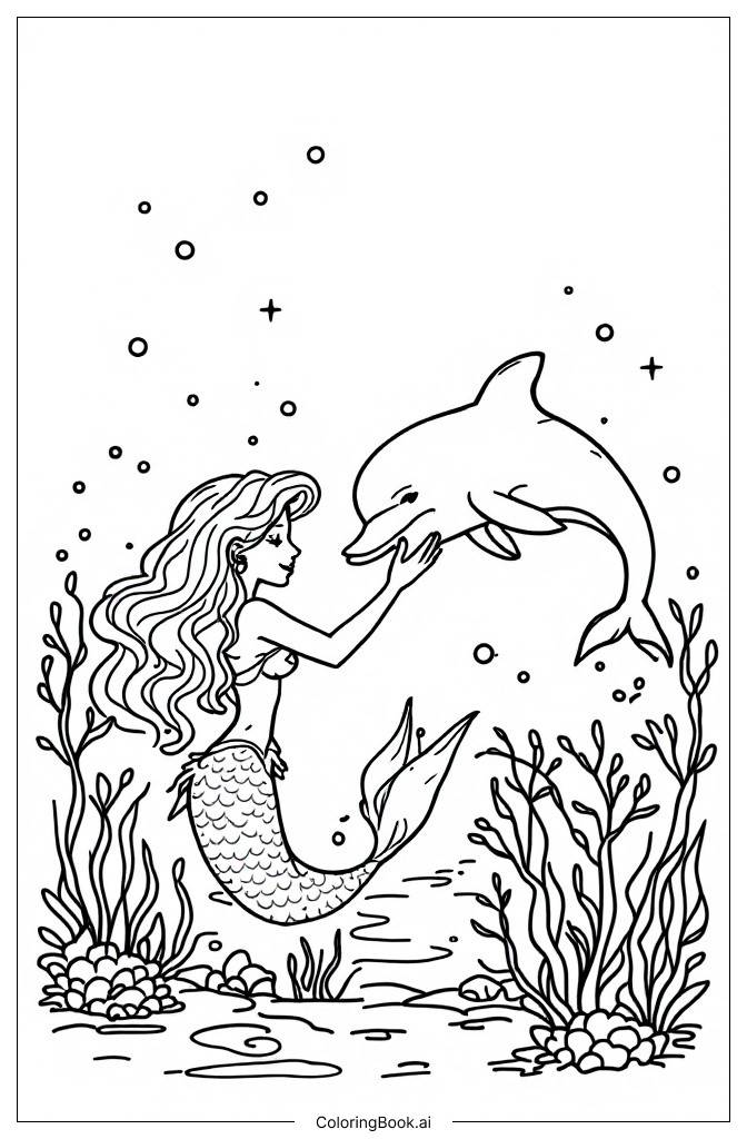  Page de coloriage Sirène rencontrant un dauphin dans un royaume sous-marin 