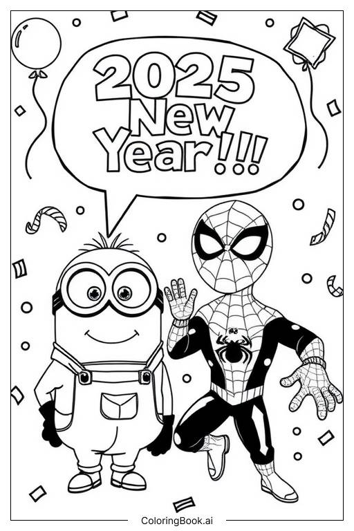  minions and spider-man celebrate 2025 together Coloring Page 