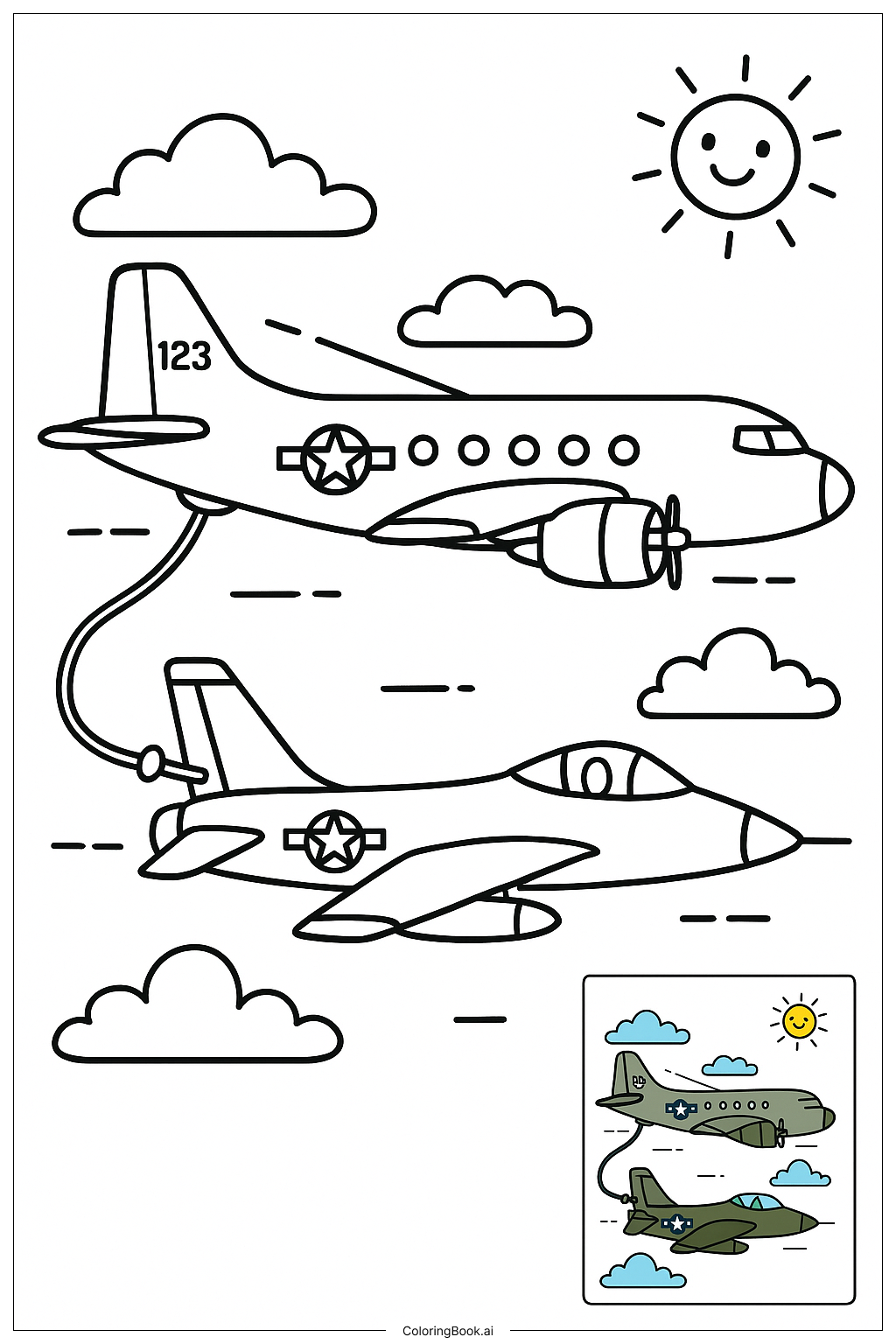  Page de coloriage Avion militaire ravitaillement en vol 