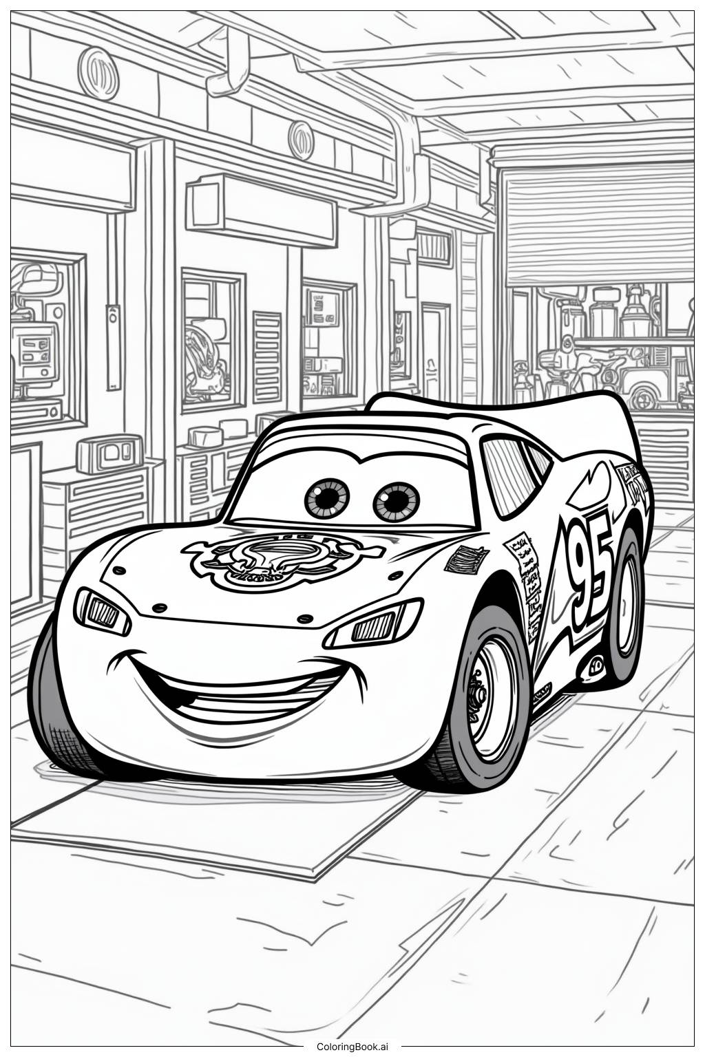  Página para colorear de Lightning McQueen Recibiendo un Nuevo Trabajo de Pintura 