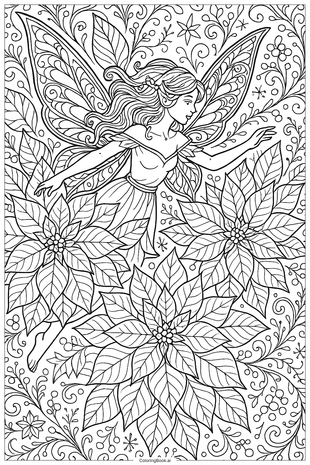 Poinsettia Fairy Flying Around Blooms Coloring Page