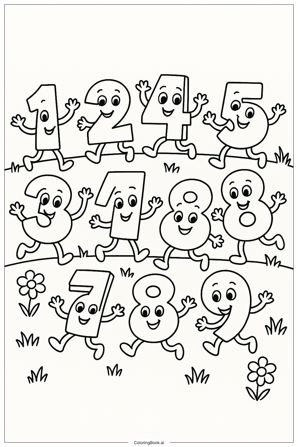  草地上的跳舞数字填色页 