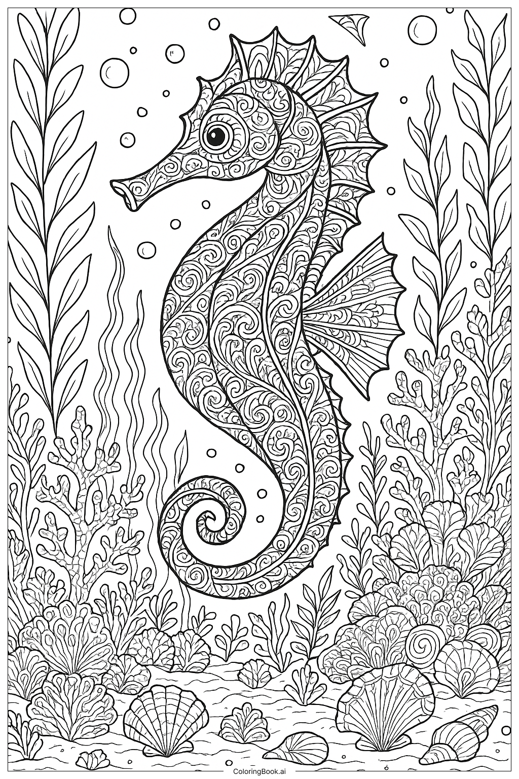 Página para colorear de Arte de caballito de mar estilo Zentangle