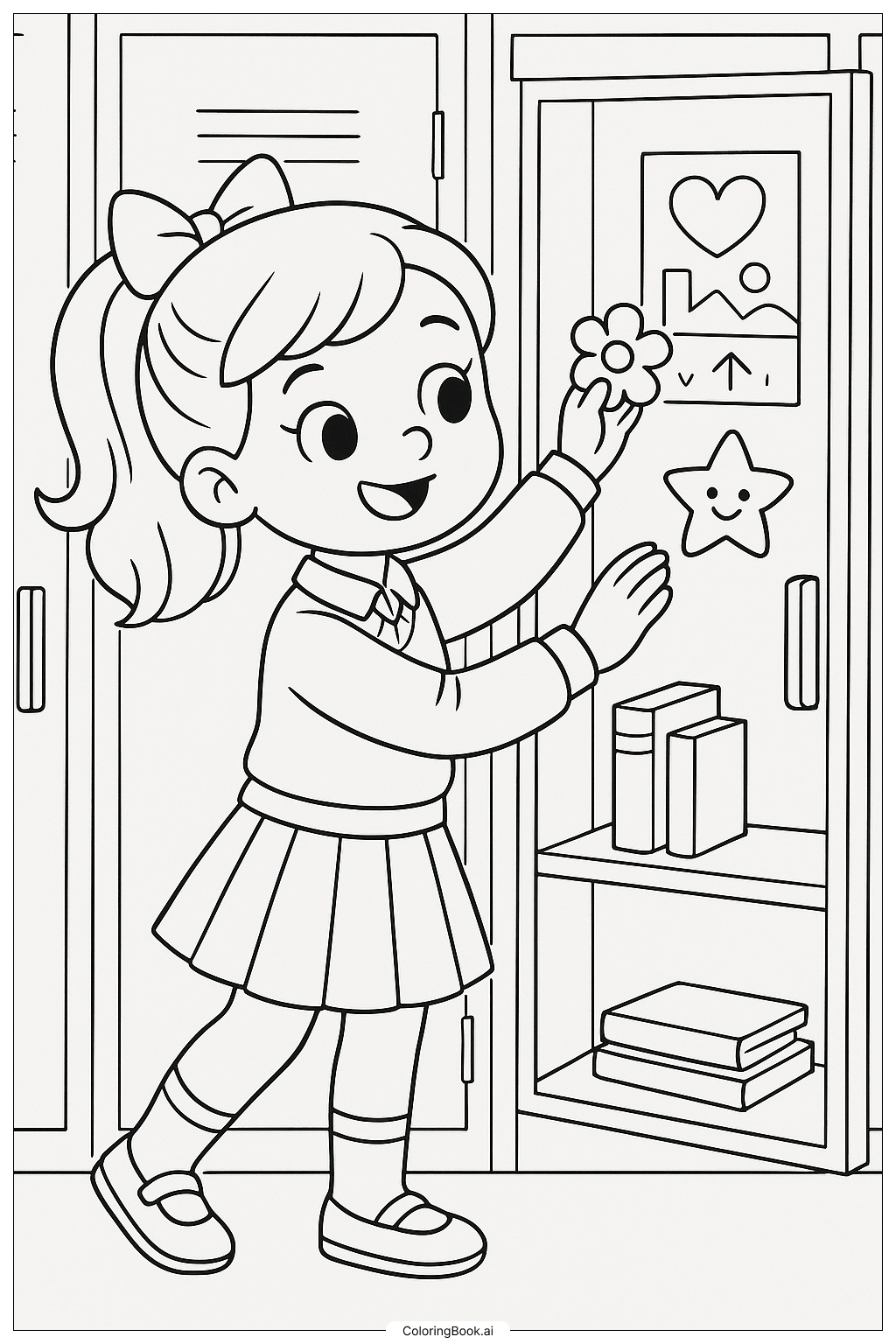 Preppy Girl Decorating Her Locker Coloring Page