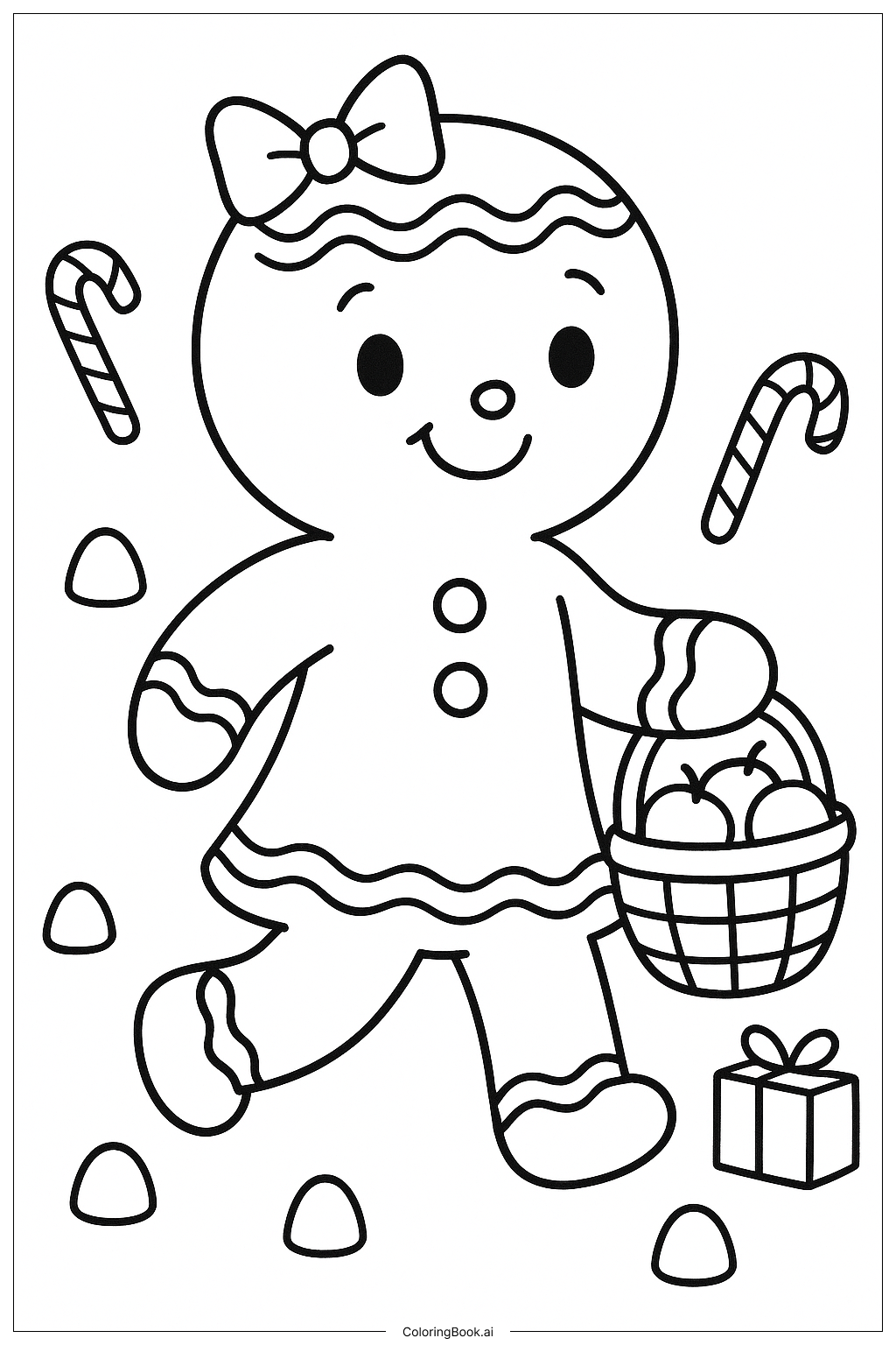  バスケットを持つジンジャーブレッドの女の子の塗り絵ページ 