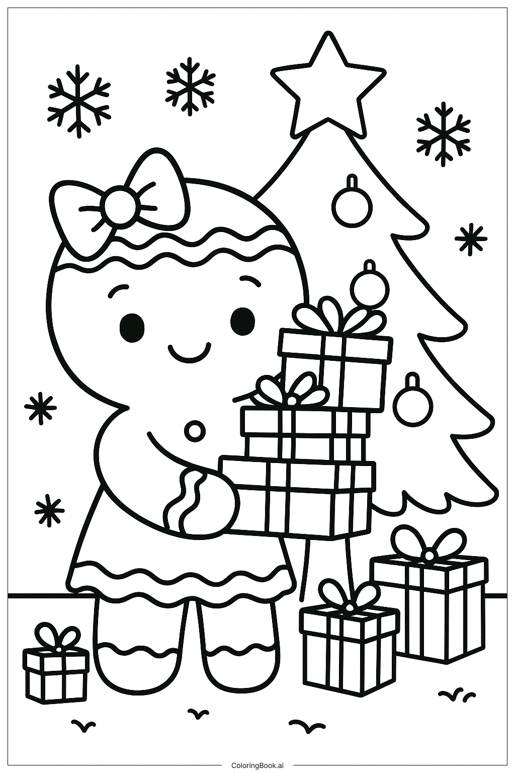  休日のプレゼントを持ったジンジャーブレッドの女の子の塗り絵ページ 