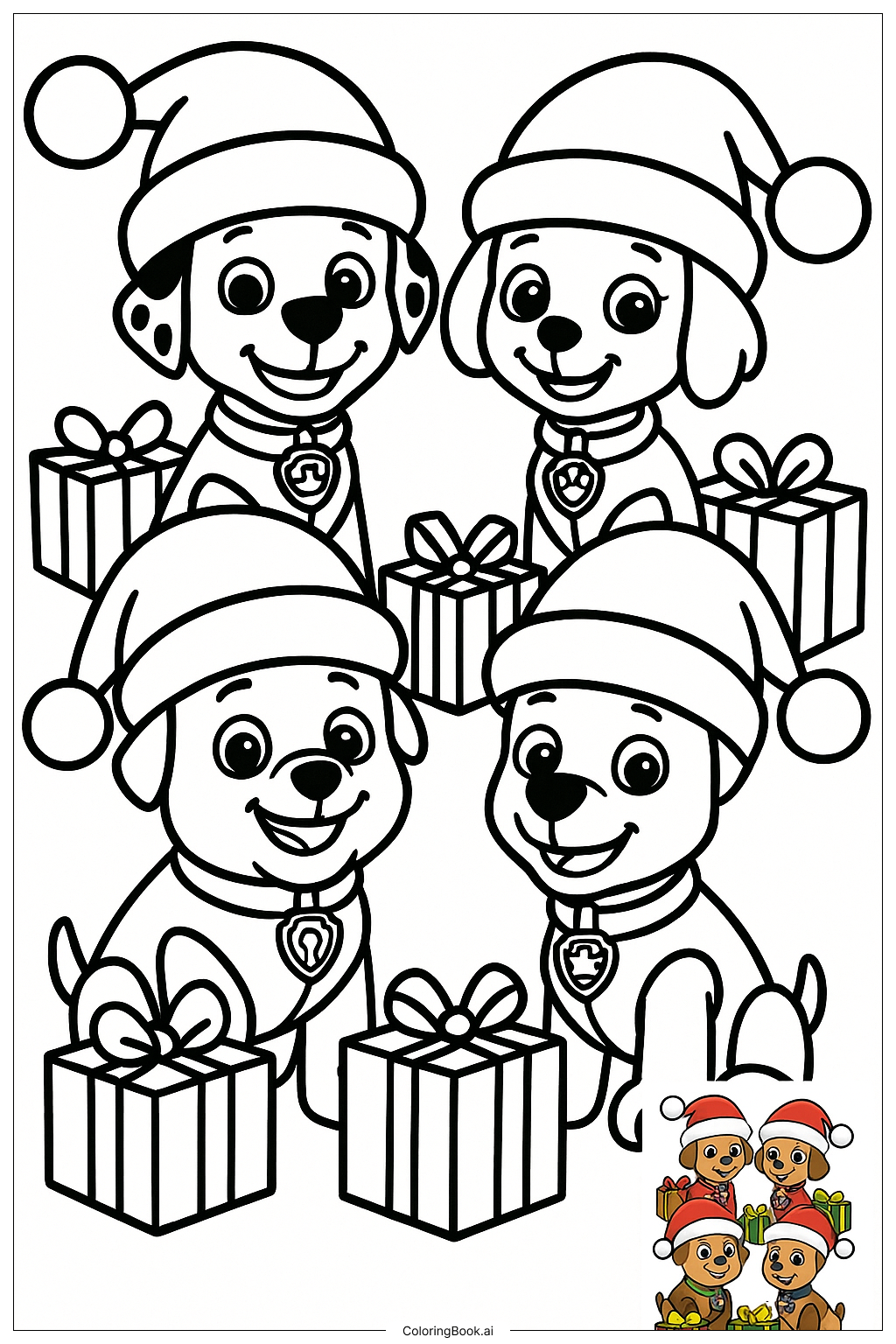  Página para colorir de Paw Patrol Chapéus de Papai Noel e Presentes 