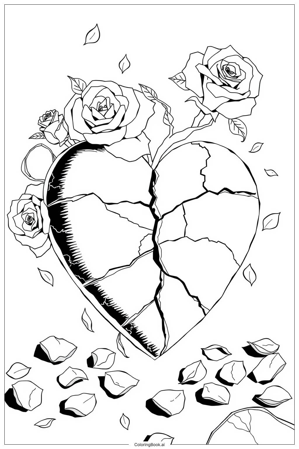  Page de coloriage Cœur Brisé Avec Pétales de Rose 