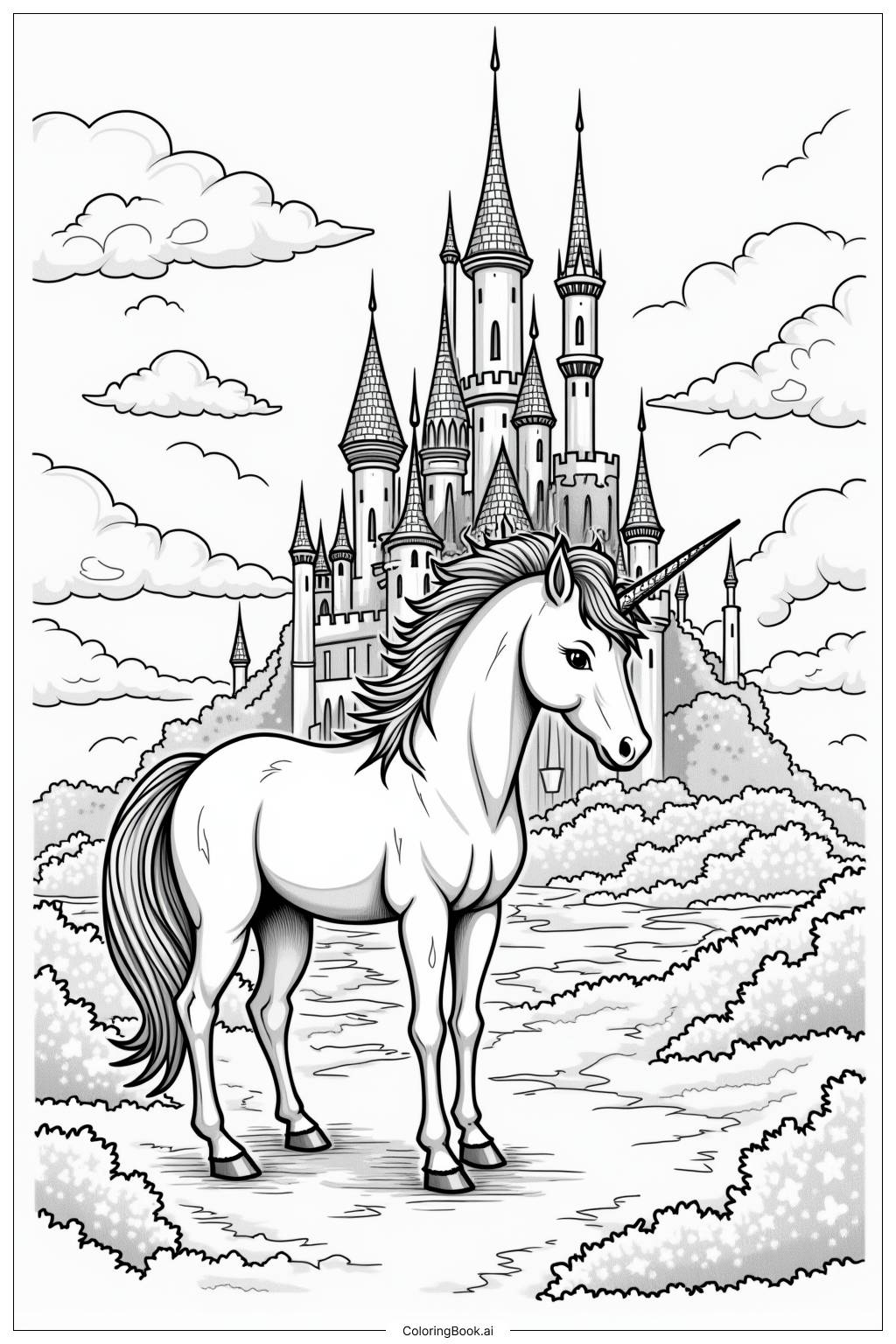  Page de coloriage Château Licorne Créatures Magiques 