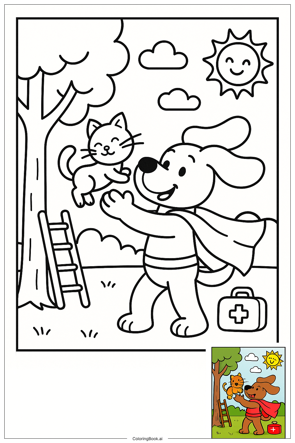  狗狗英雄救猫咪填色页 
