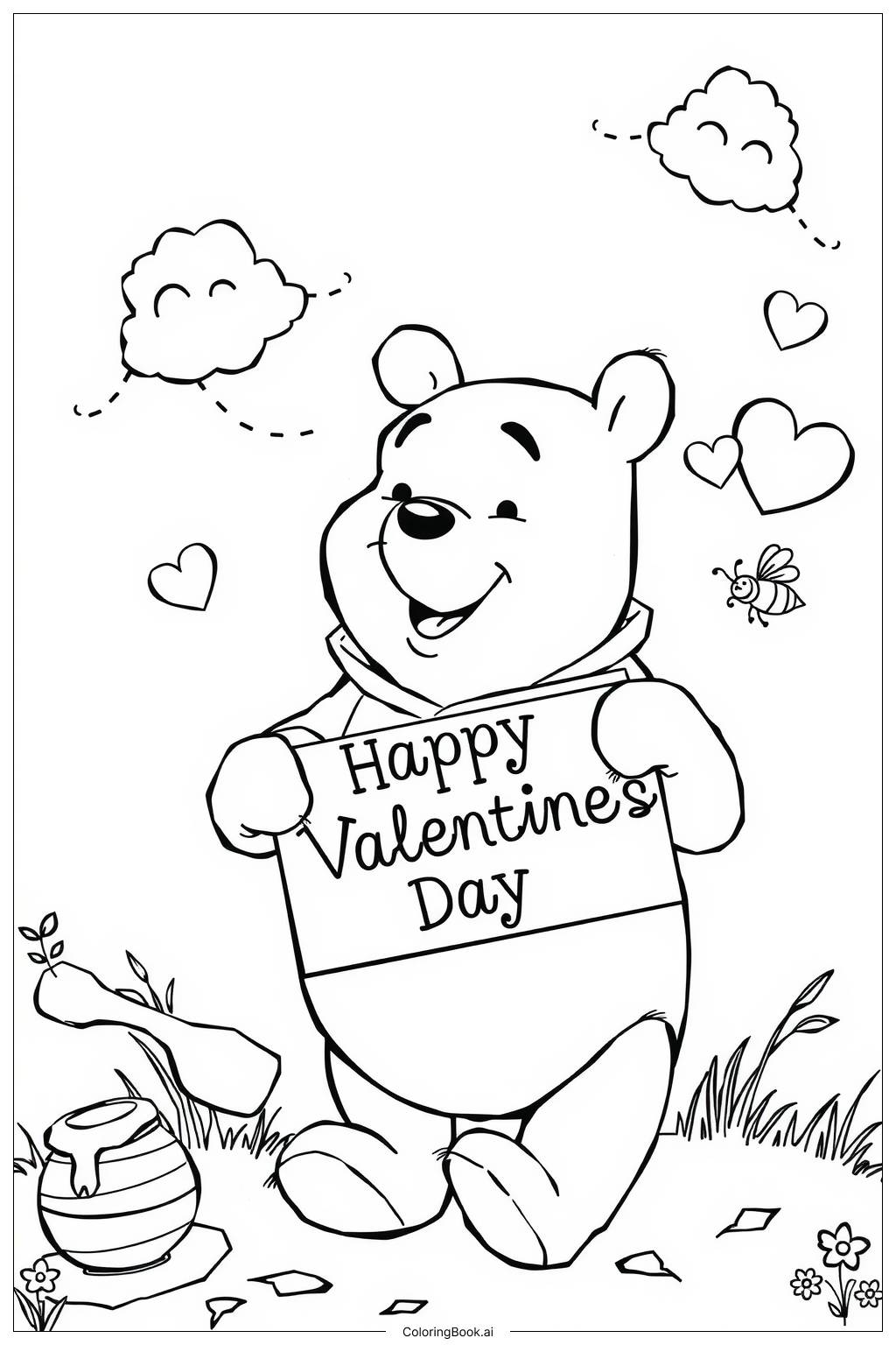 Winnie The Pooh mit Schild Frohen Valentinstag Ausmalbild ...