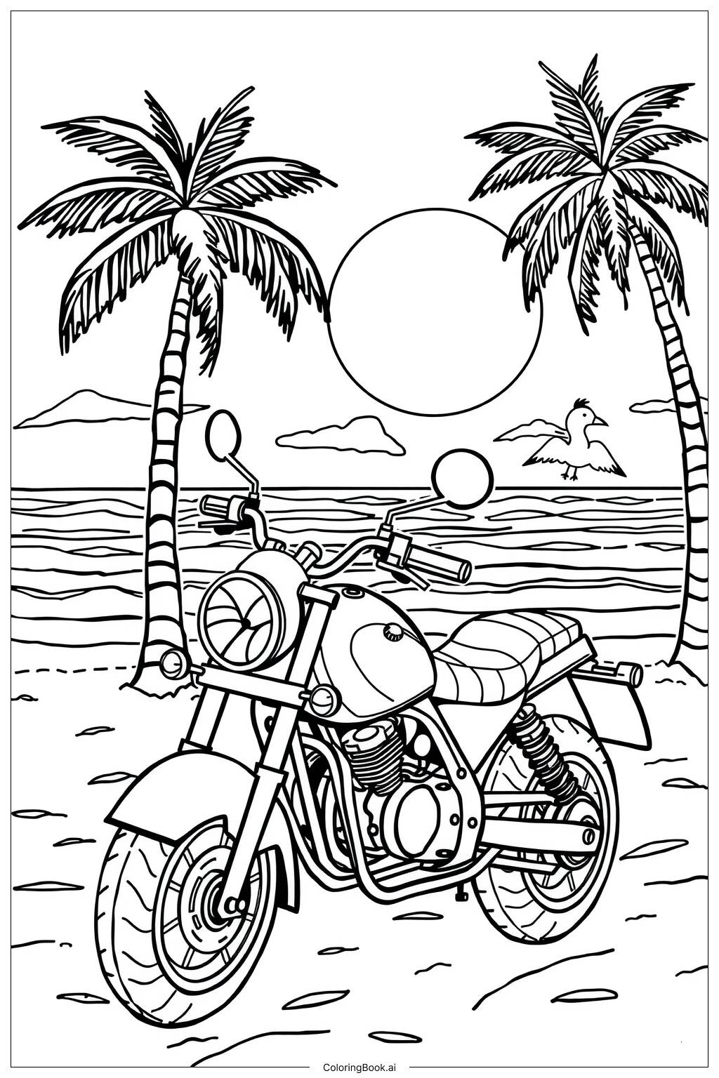  Página para colorear de Atardecer en la playa con motocicleta 