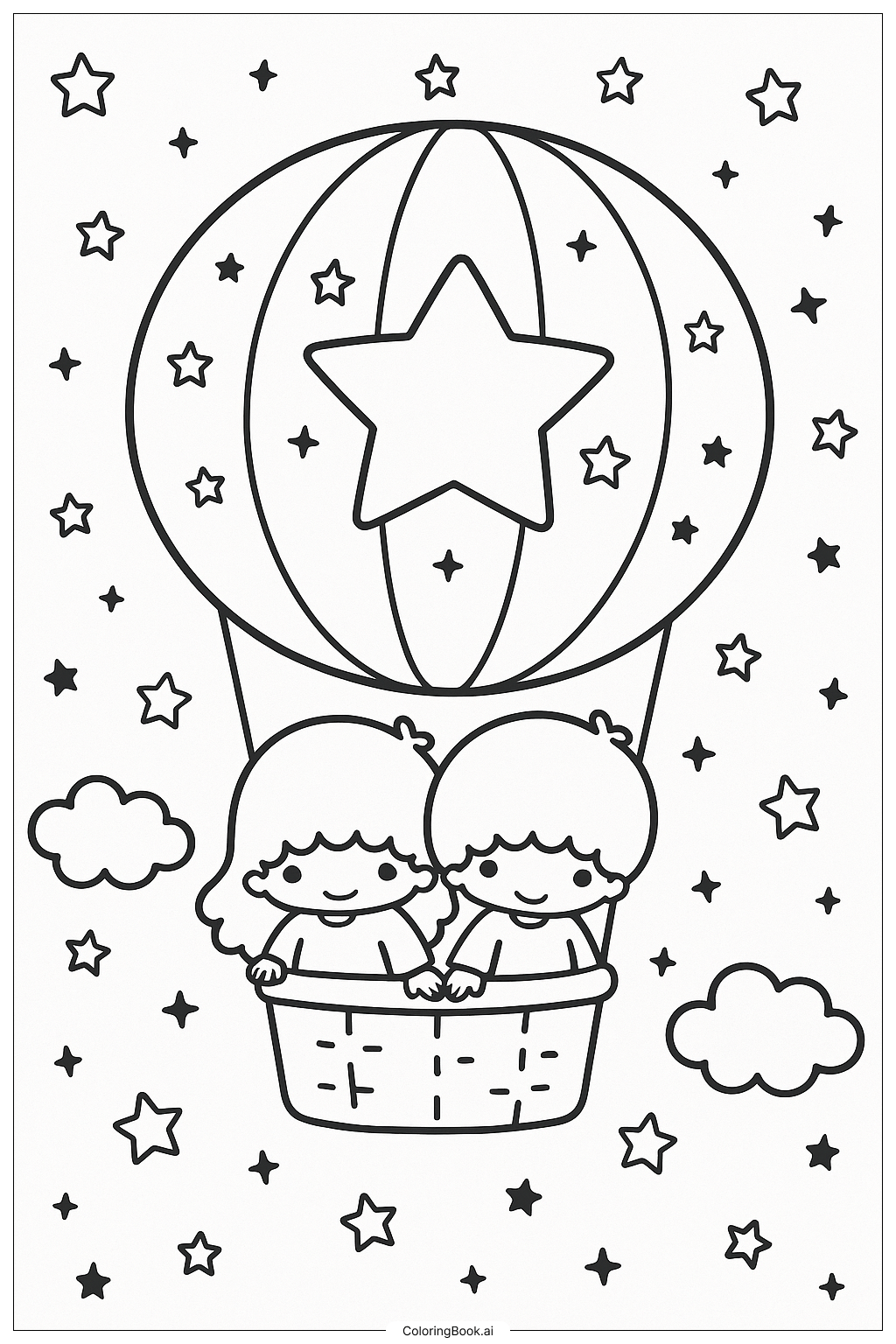  Little Twin Stars In A Starry Hot Air Balloon Coloring Page 
