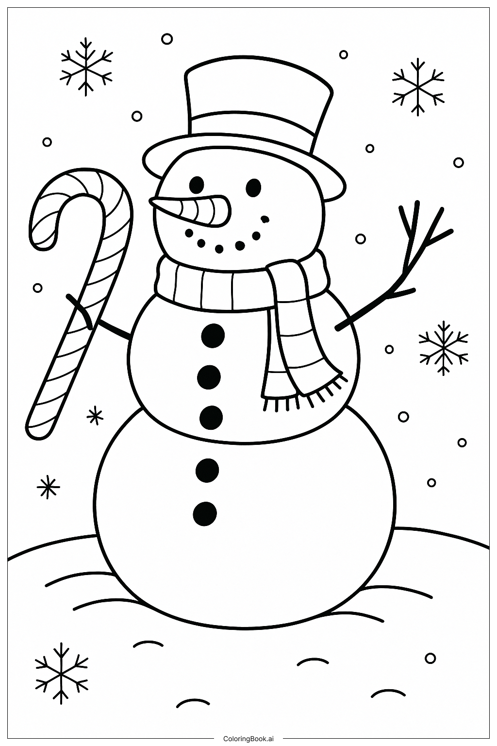  A Snowman With A Candy Cane Arm Coloring Page 