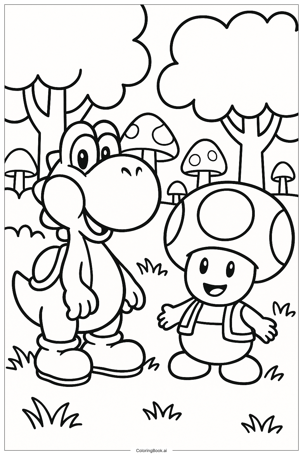  Yoshi and Toad in a Mushroom Forest Coloring Page 
