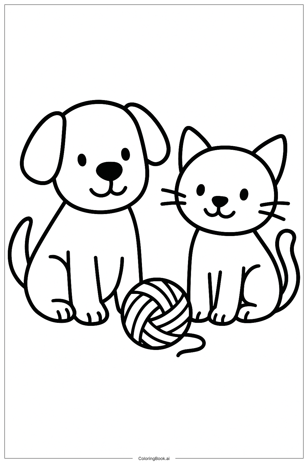  子犬と子猫が毛糸玉を分け合うの塗り絵ページ 
