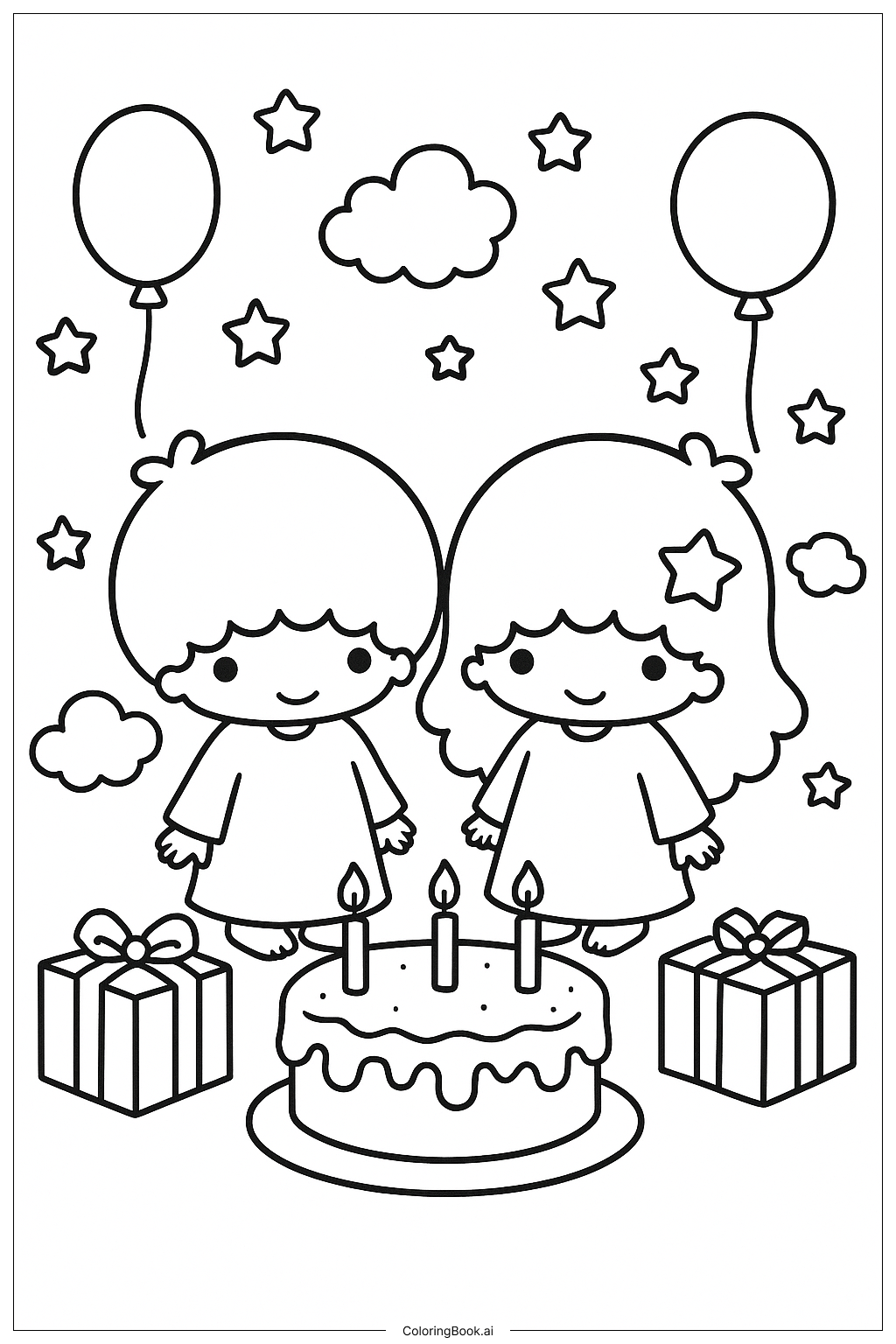  Página para colorir de Festa de Aniversário dos Pequenos Gêmeos Estelares 
