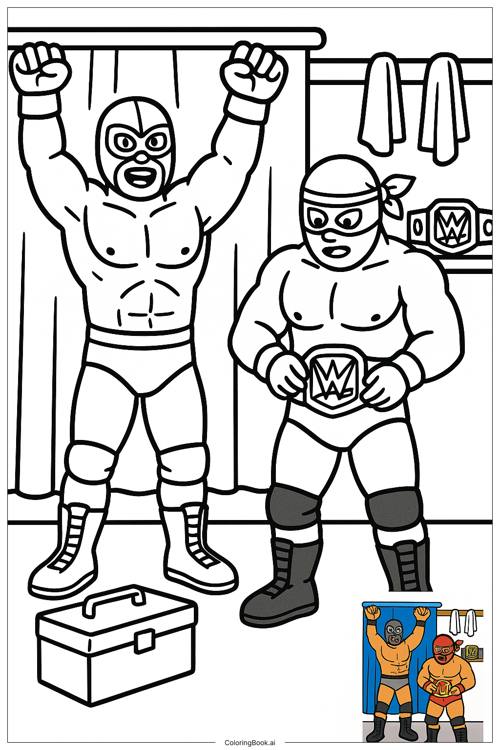  Página para colorear de Luchadores de WWE en el área de vestuario 