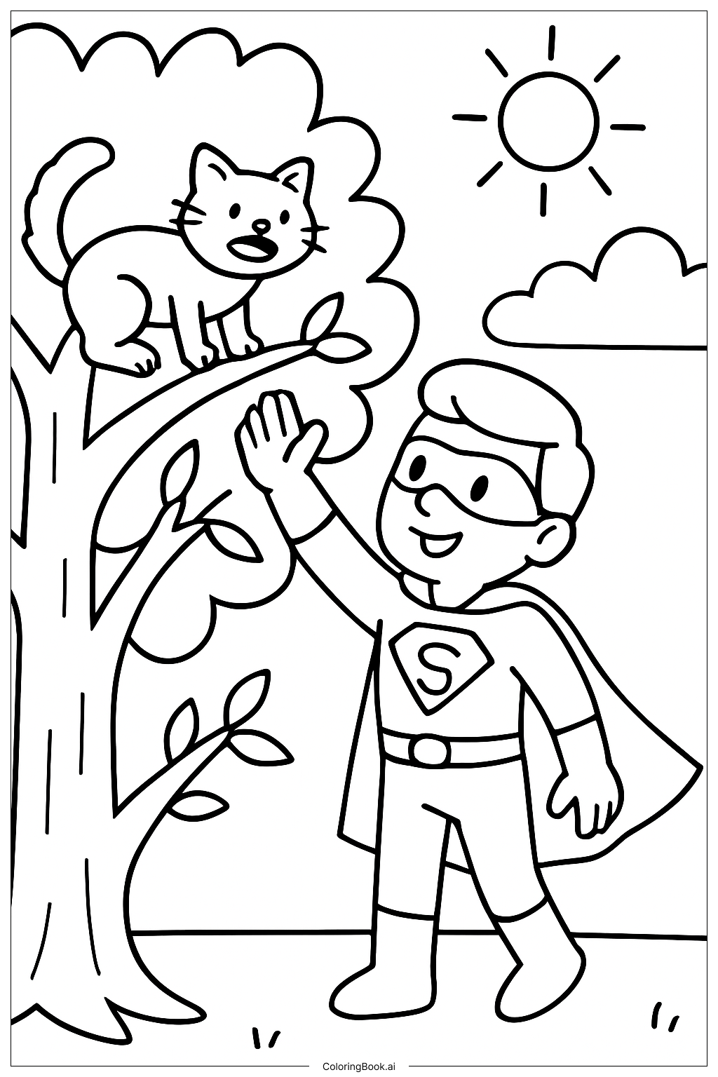 Superheld rettet eine Katze von einem Baum Ausmalseite
