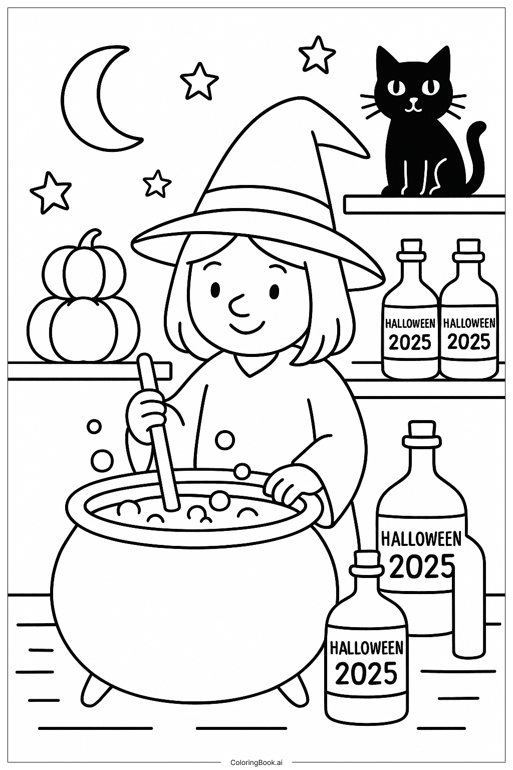  Eine Hexe braut einen Zaubertrank für Halloween 2025 Ausmalseite 