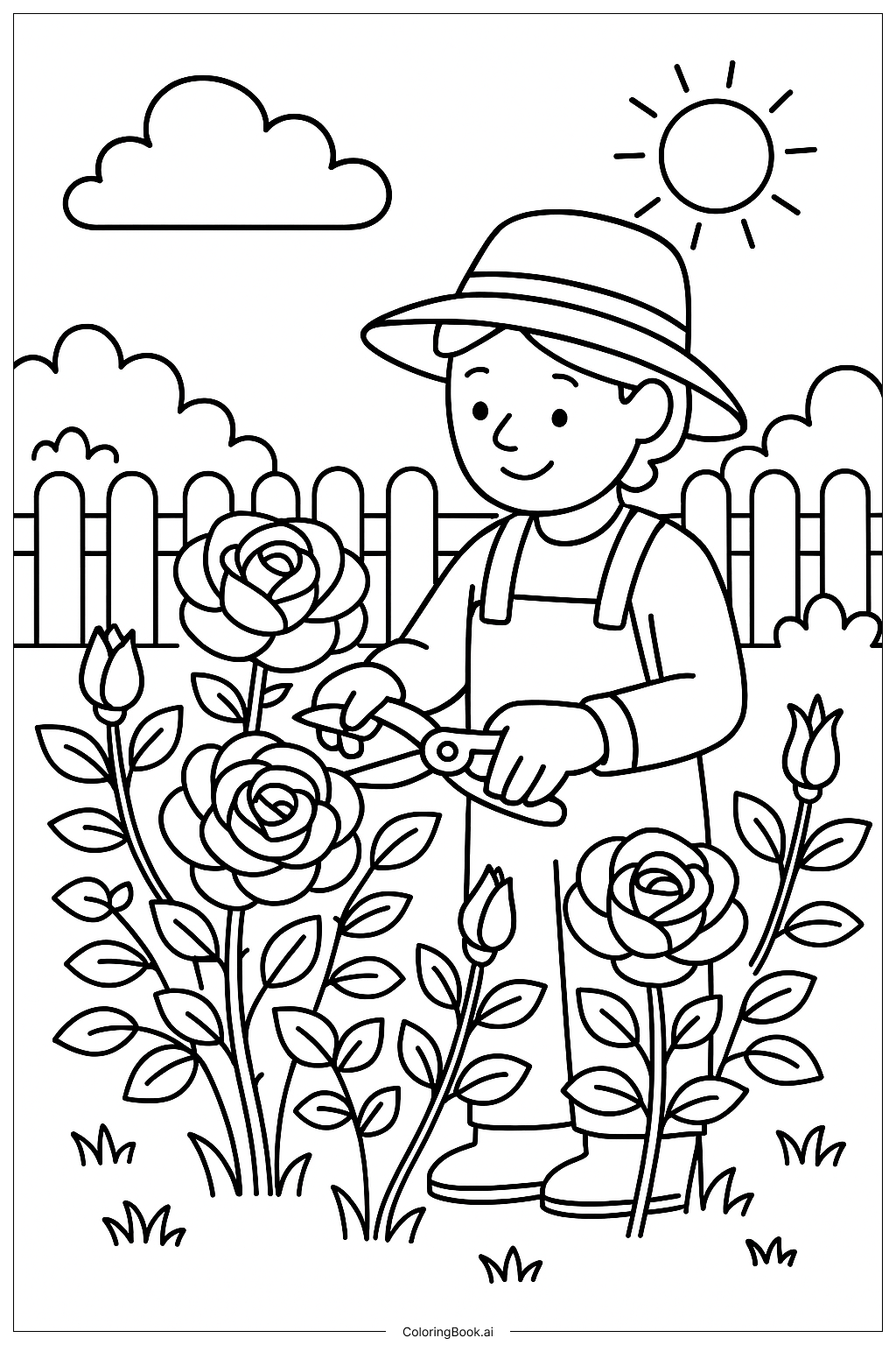  Página para colorir de Um Jardineiro Cuidando do Jardim de Rosas 