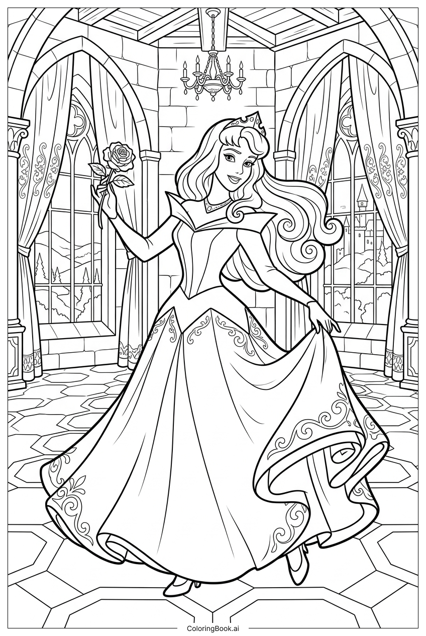  大広間でバラに見とれるディズニープリンセスの塗り絵ページ 