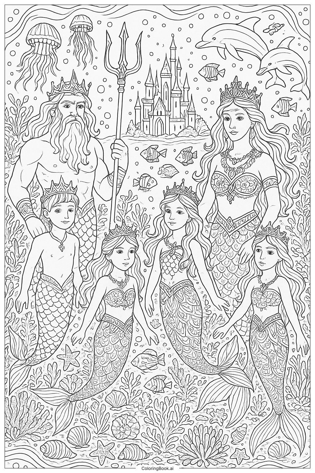  A Mermaid Royal Family Under The Sea Coloring Page 