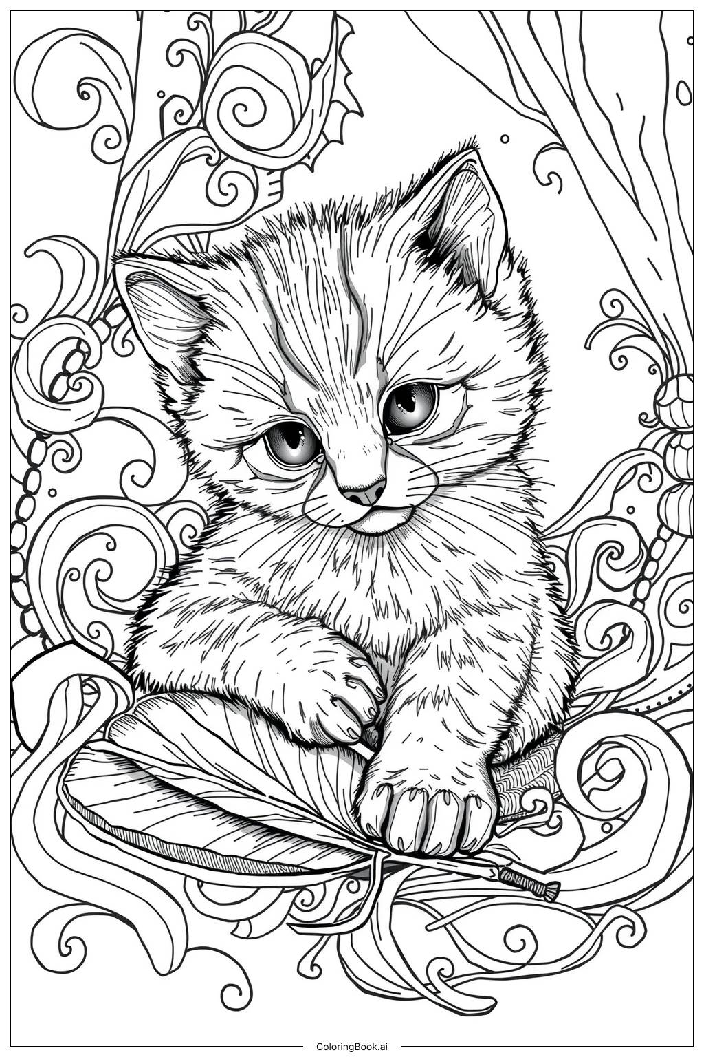  Page de coloriage Chaton jouant avec un jouet en plume 