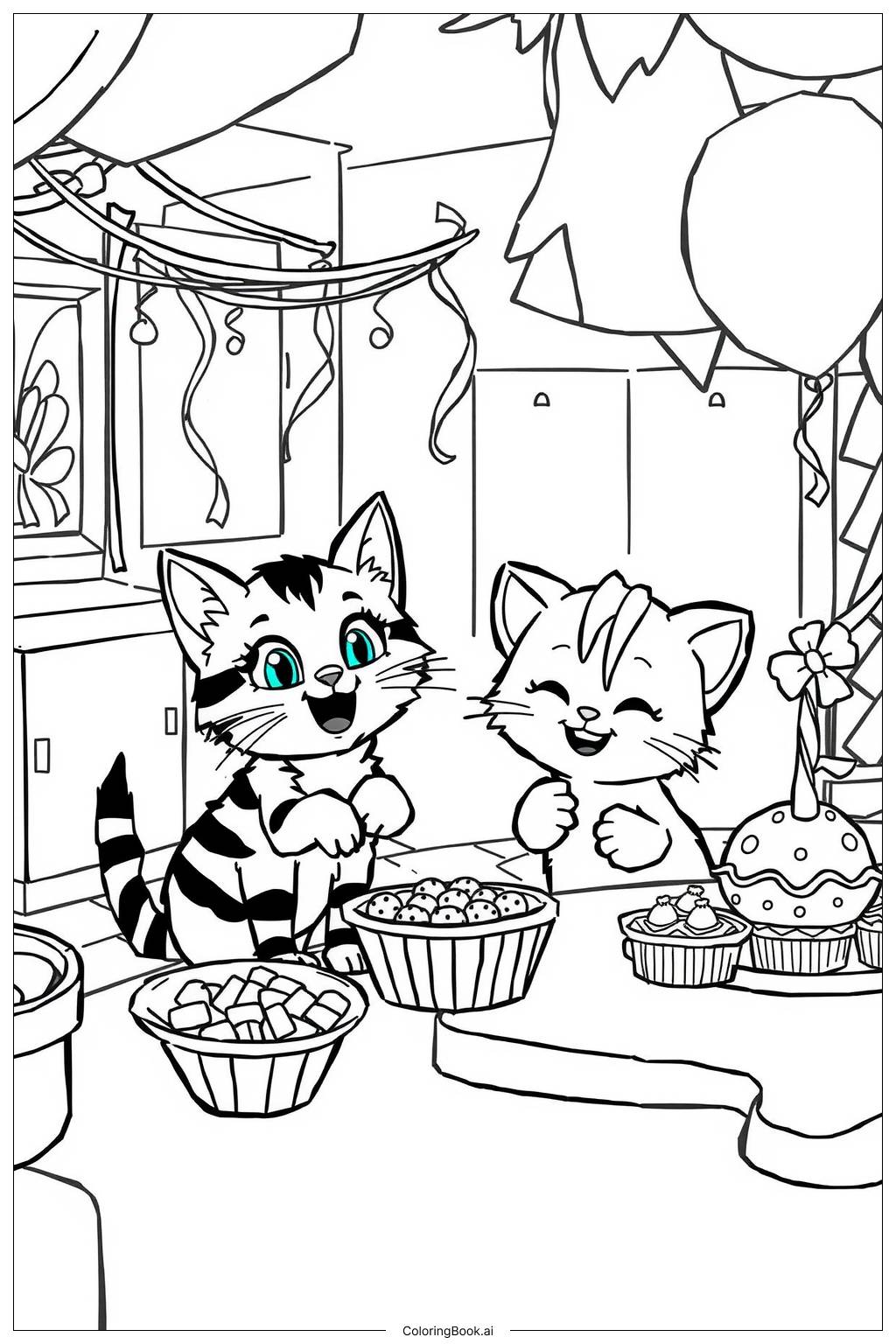  Página para colorear de Gatitos preparándose para una divertida fiesta 