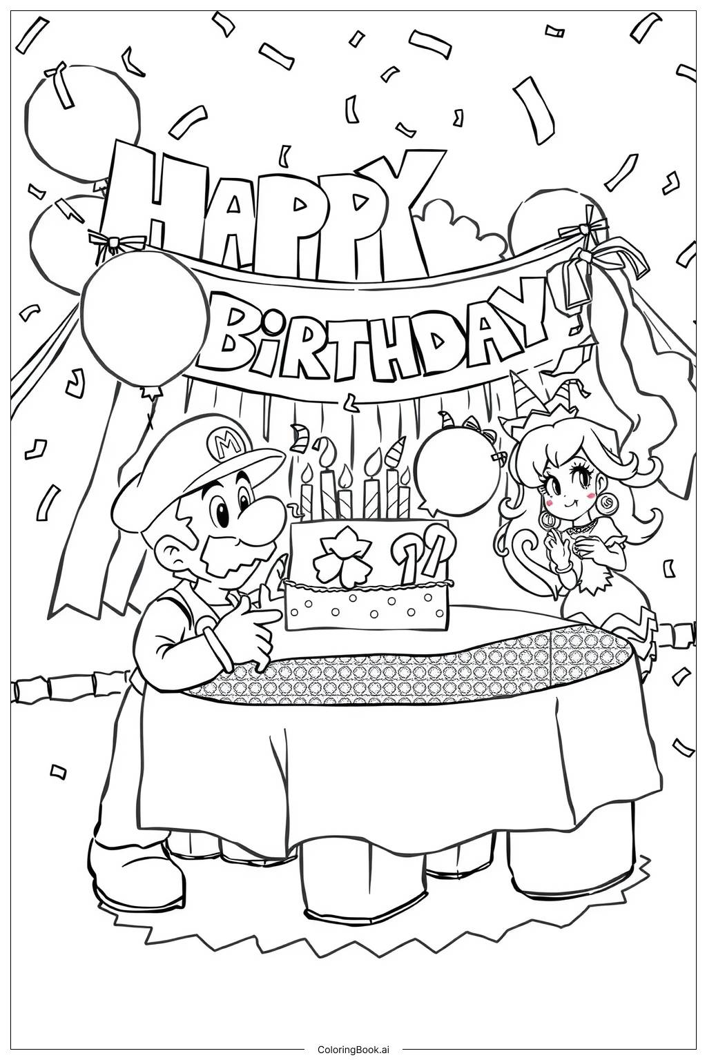  Page de coloriage Mario Célébrant une Fête d'Anniversaire avec des Amis 