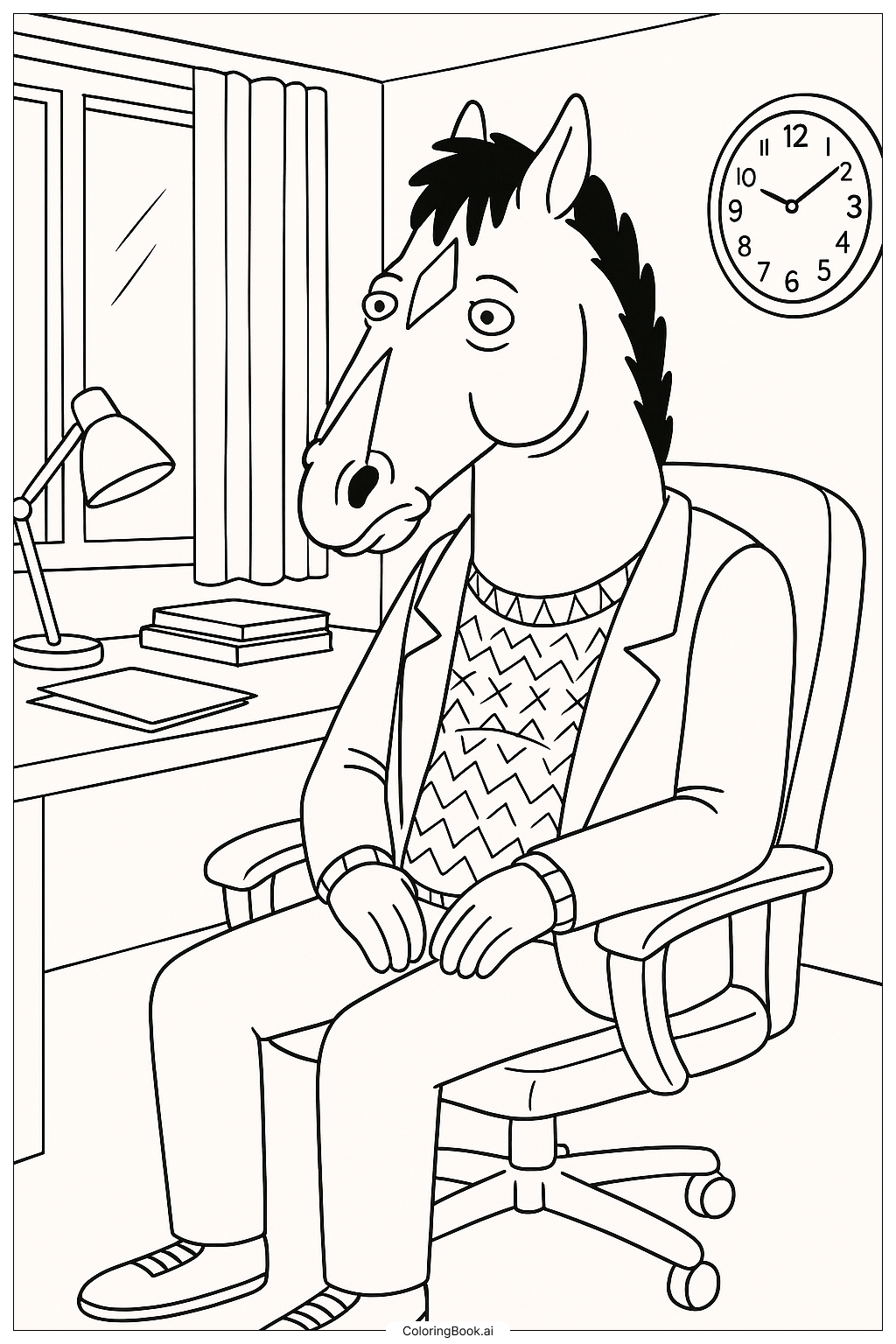  Page de coloriage Bojack Horseman sur sa chaise de bureau 