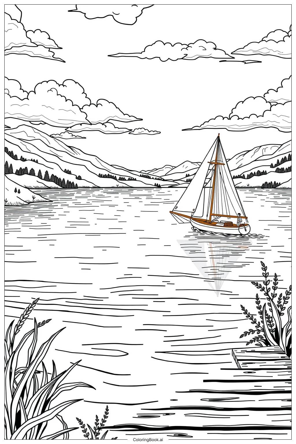  Page de coloriage Bateau naviguant sur un lac calme 