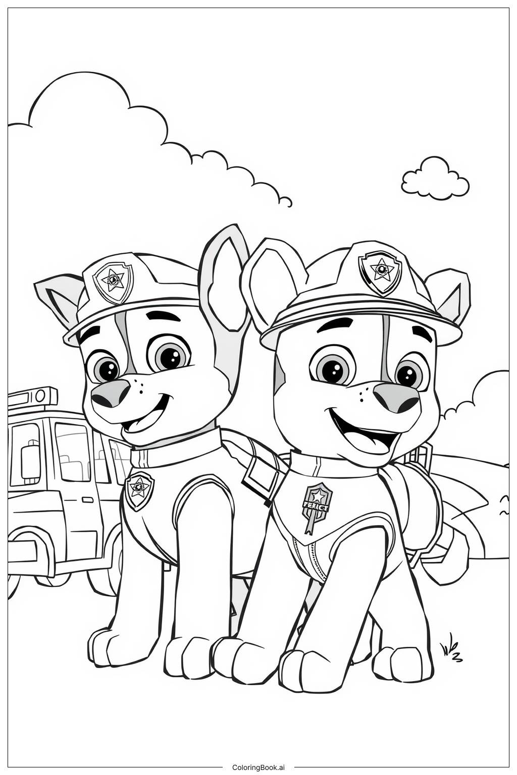  Página para colorear de Trabajo en equipo de Paw Patrol durante una tormenta 