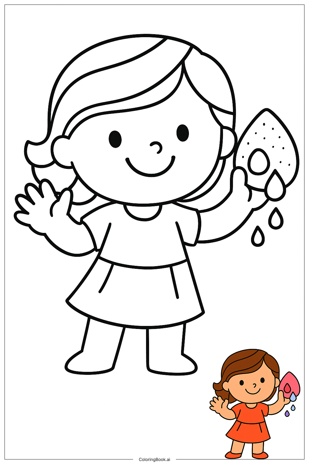  Página para colorear de Chica Sosteniendo Esponja de Maquillaje con Gotas de Color 