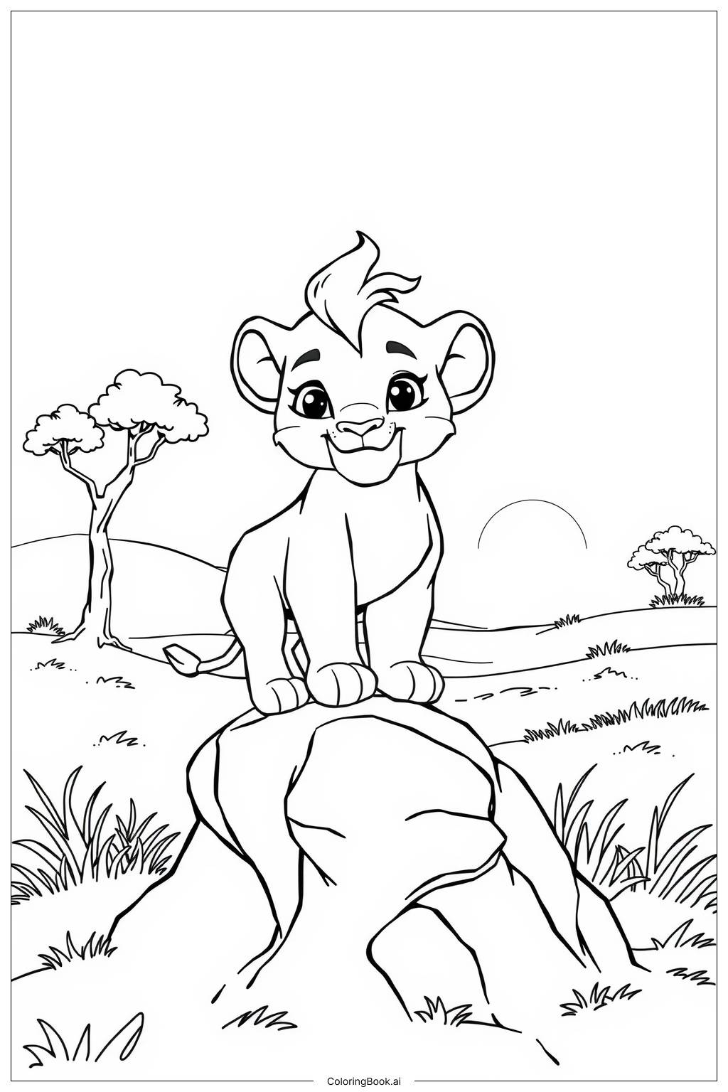  Page de coloriage le roi lion simba debout sur un rocher 