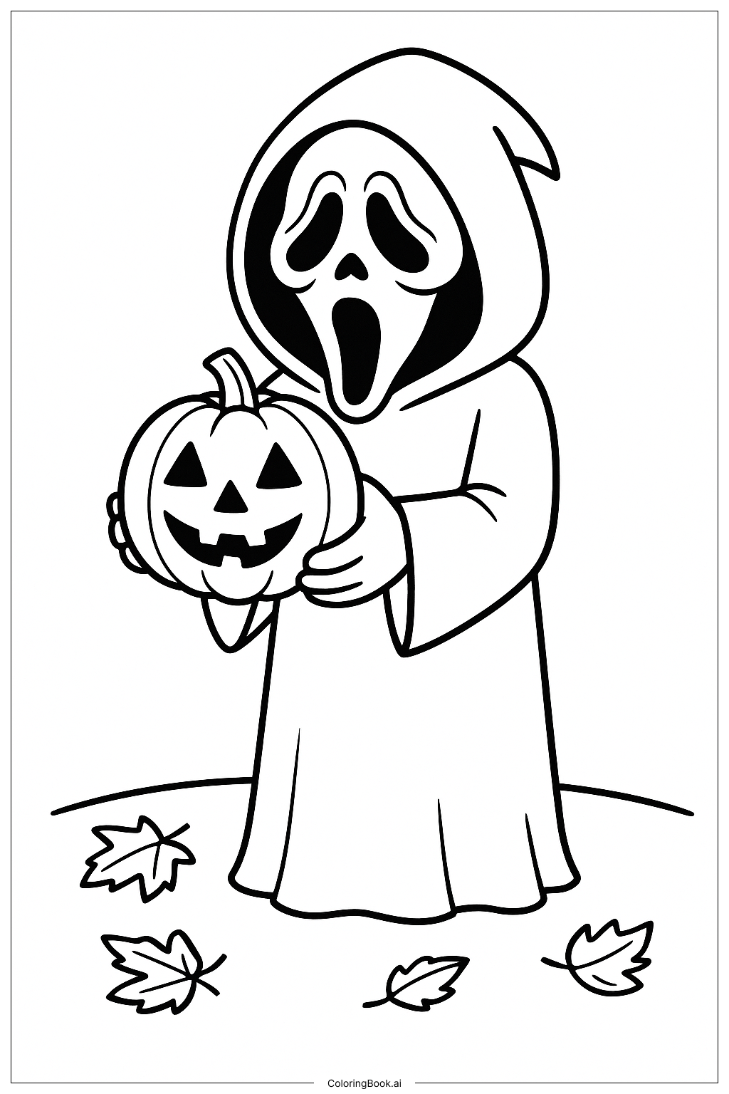  Página para colorear de Ghostface tallando una calabaza de Halloween 