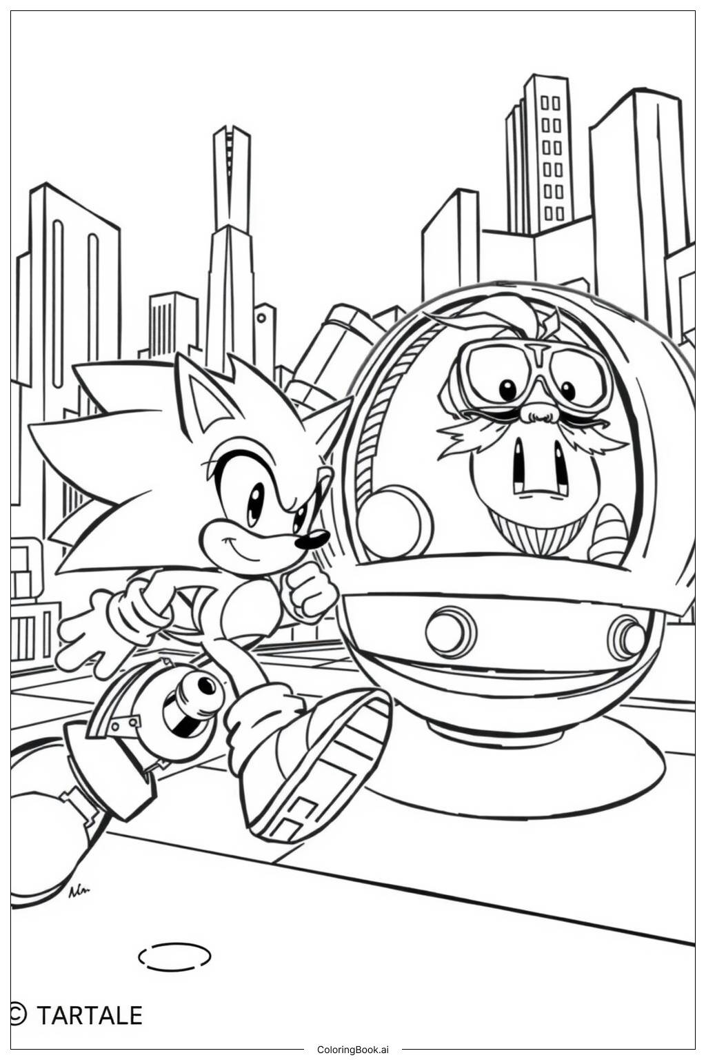  Página para colorir de sonic e eggman lutando em uma cidade futurista 