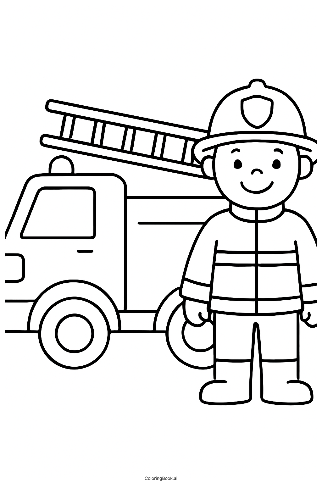  Page de coloriage Camion de pompiers et pompier souriant 