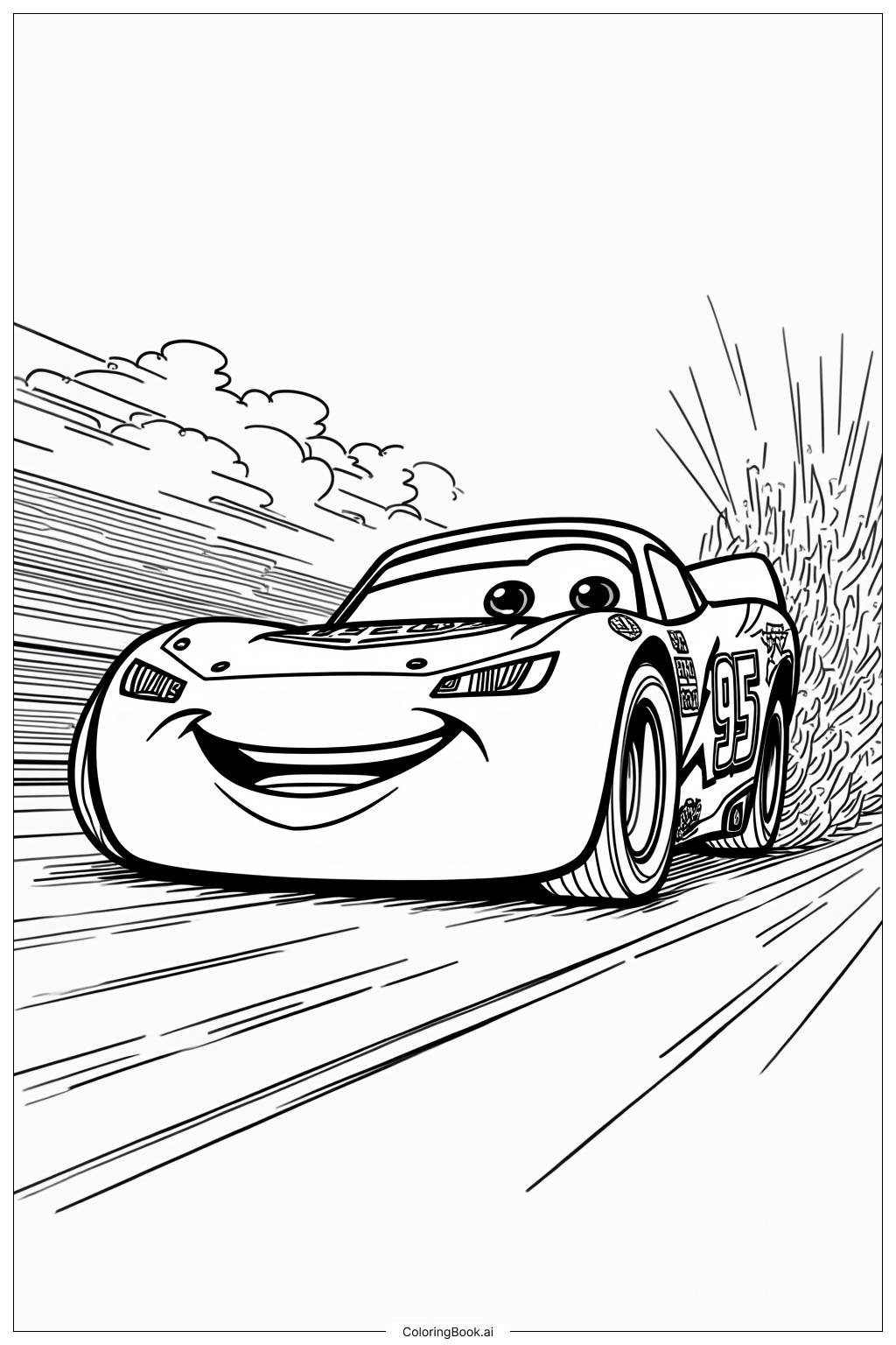  Página para colorir de Lightning McQueen Enfrentando uma Corrida Tempestuosa 