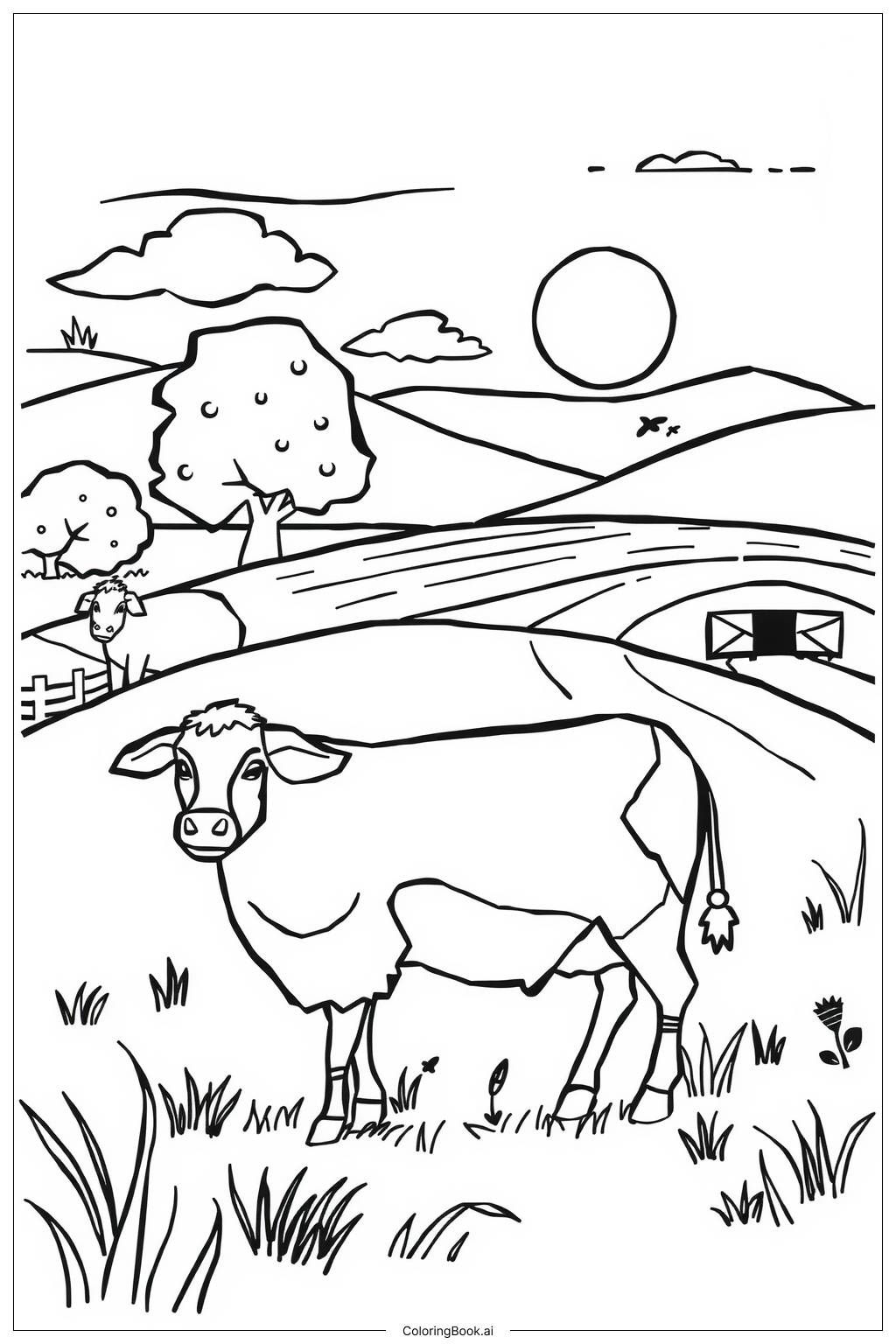  Countryside Farm with Rolling Hills Coloring Page 