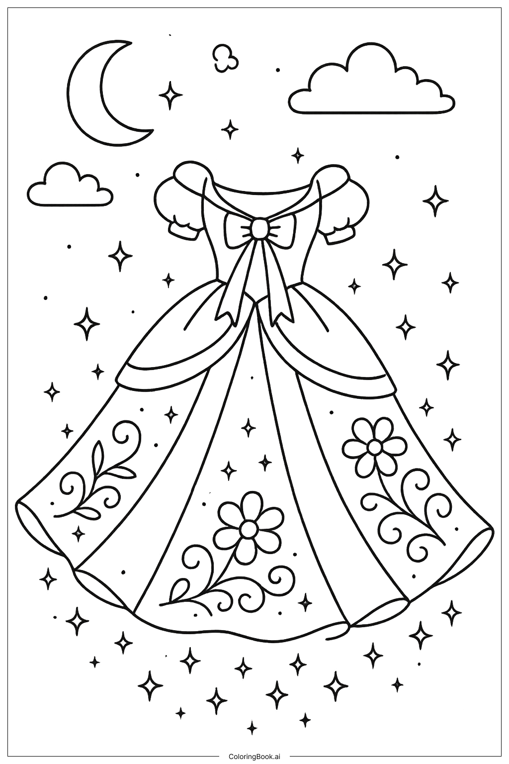  Fairy Tale Dress Floating in Moonlight Coloring Page 