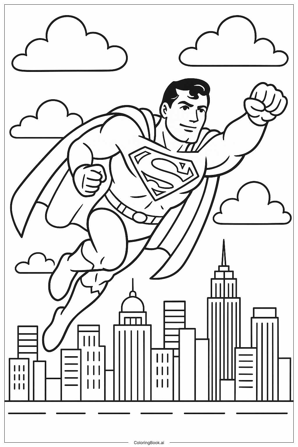  Página para colorear de Superman volando sobre la ciudad de Metrópolis 