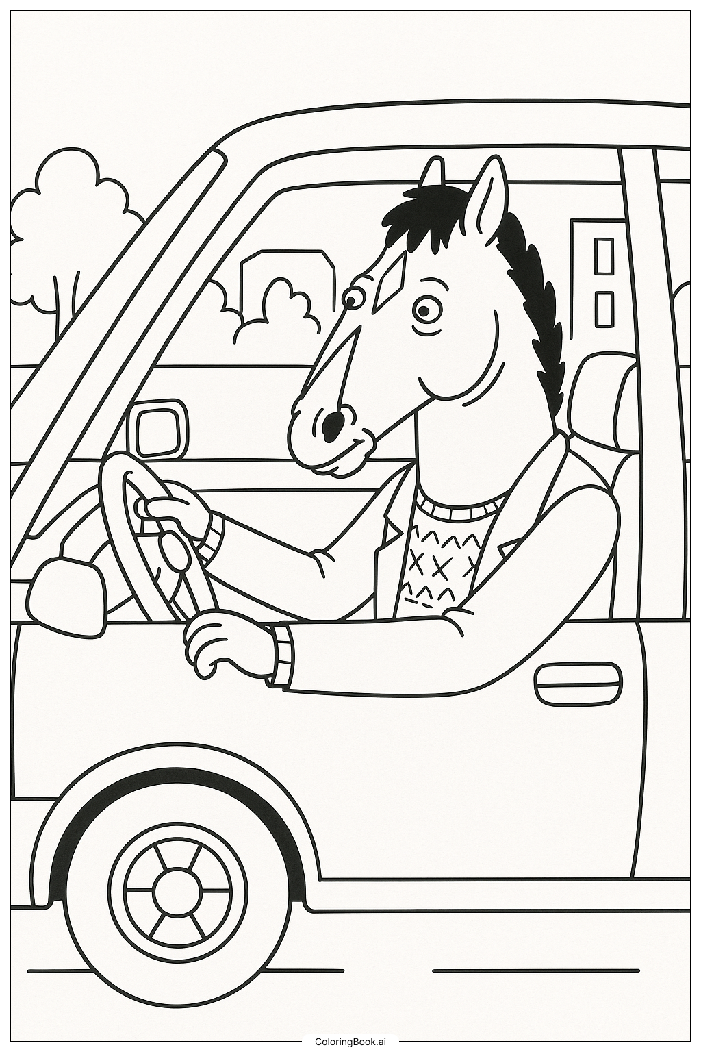  Page de coloriage Bojack Horseman conduisant sa voiture 